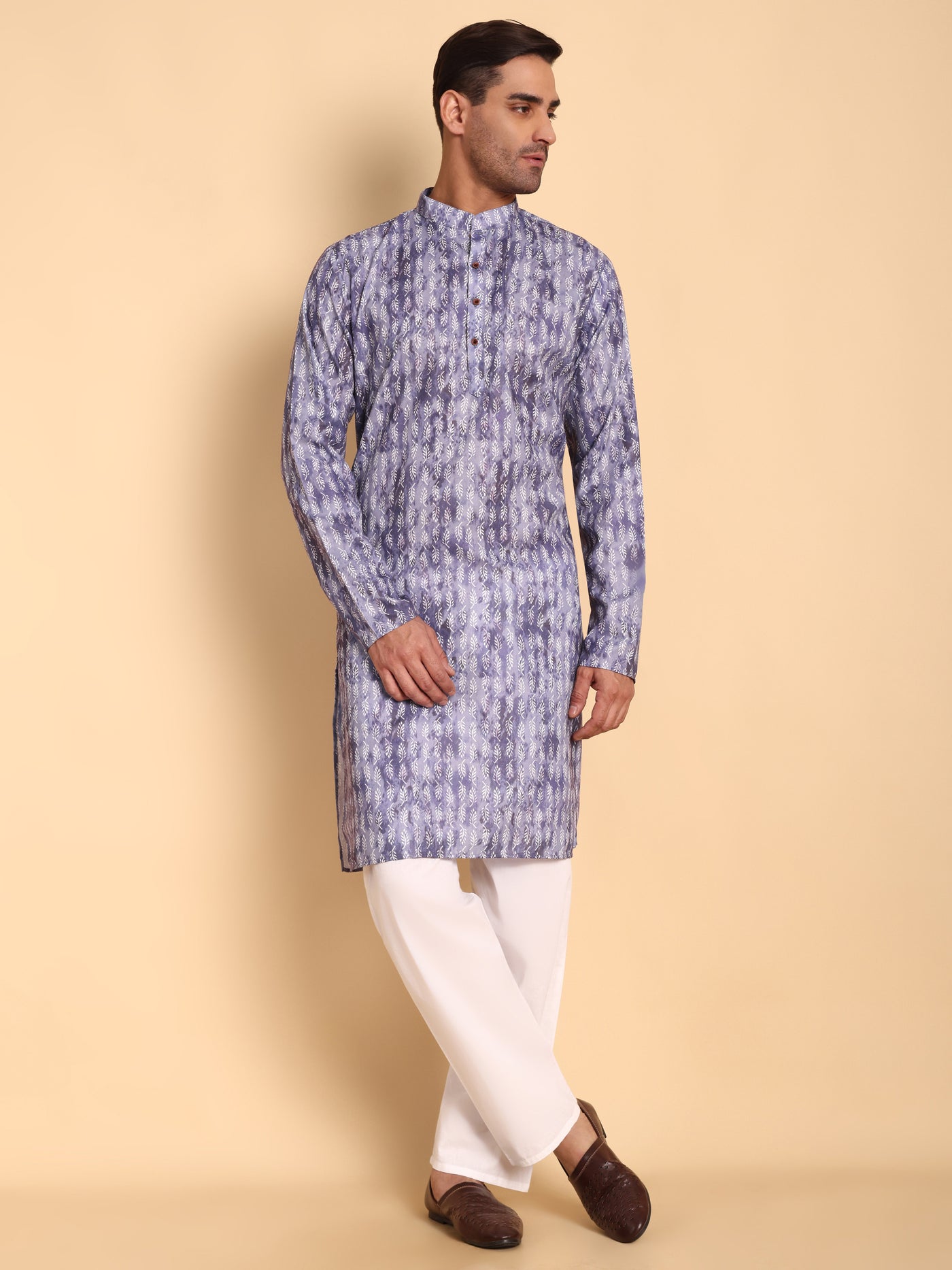 Traditional Purple Brich Leaf Motif Printed Men's Cotton Kurta