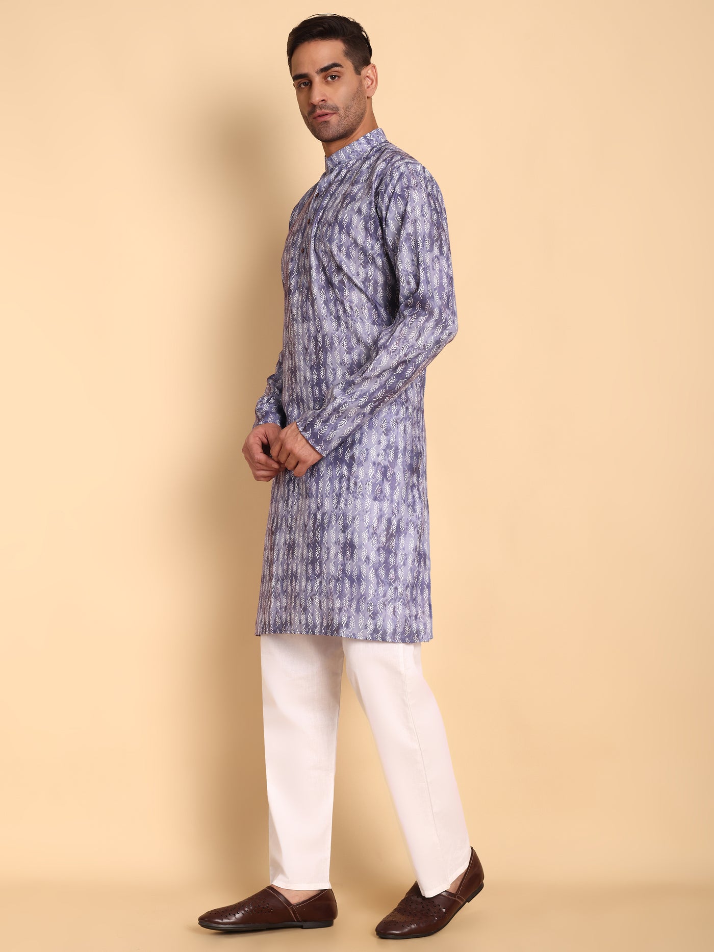 Traditional Purple Brich Leaf Motif Printed Men's Cotton Kurta