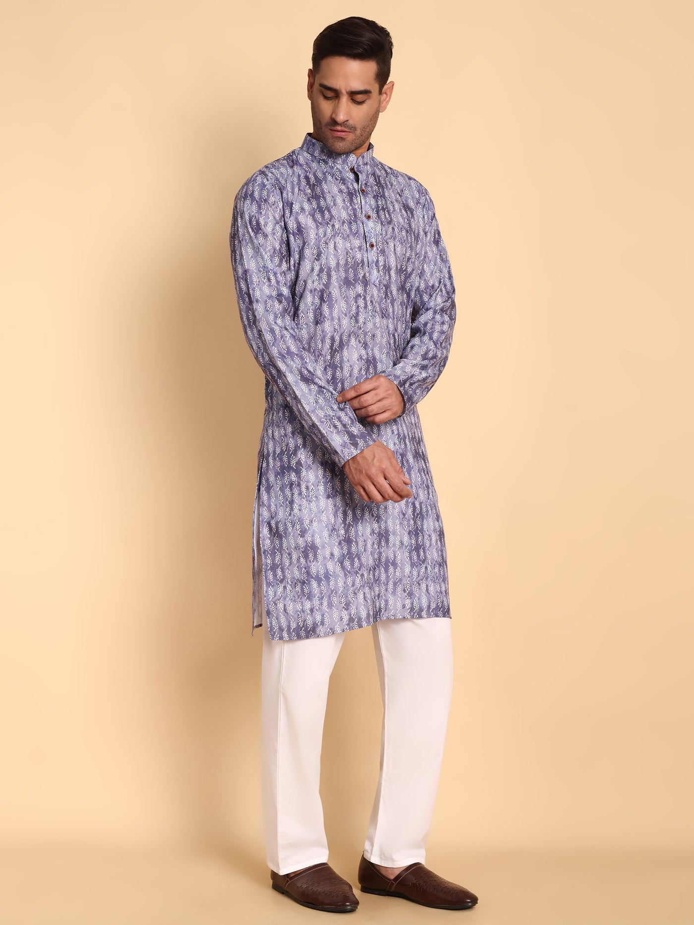 Traditional Purple Brich Leaf Motif Printed Men's Cotton Kurta