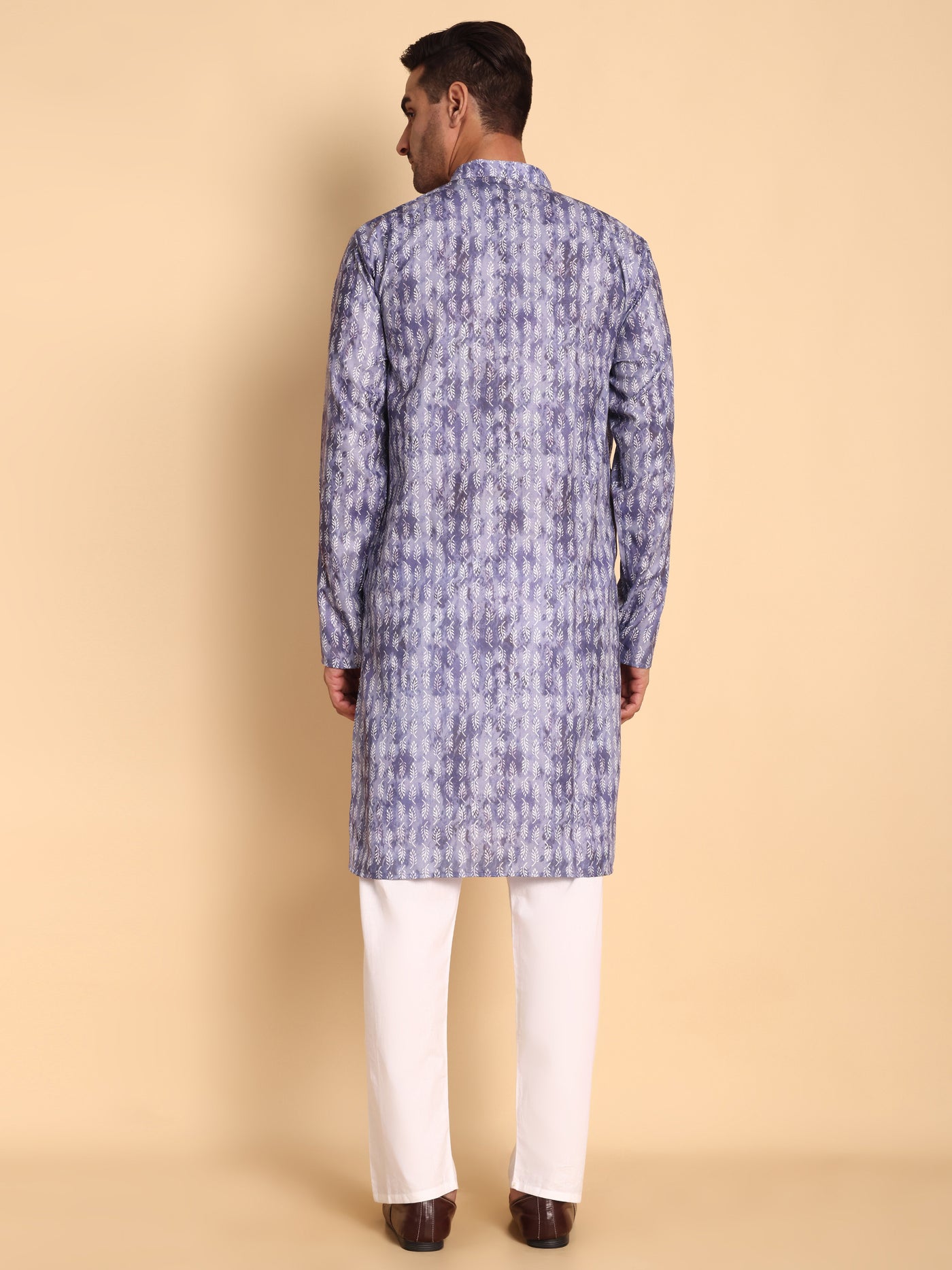 Traditional Purple Brich Leaf Motif Printed Men's Cotton Kurta