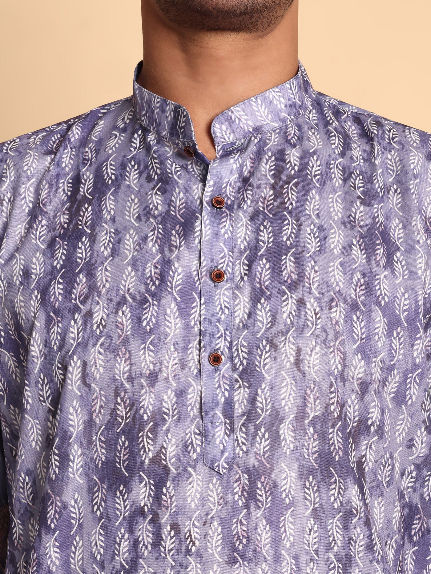 Traditional Purple Brich Leaf Motif Printed Men's Cotton Kurta