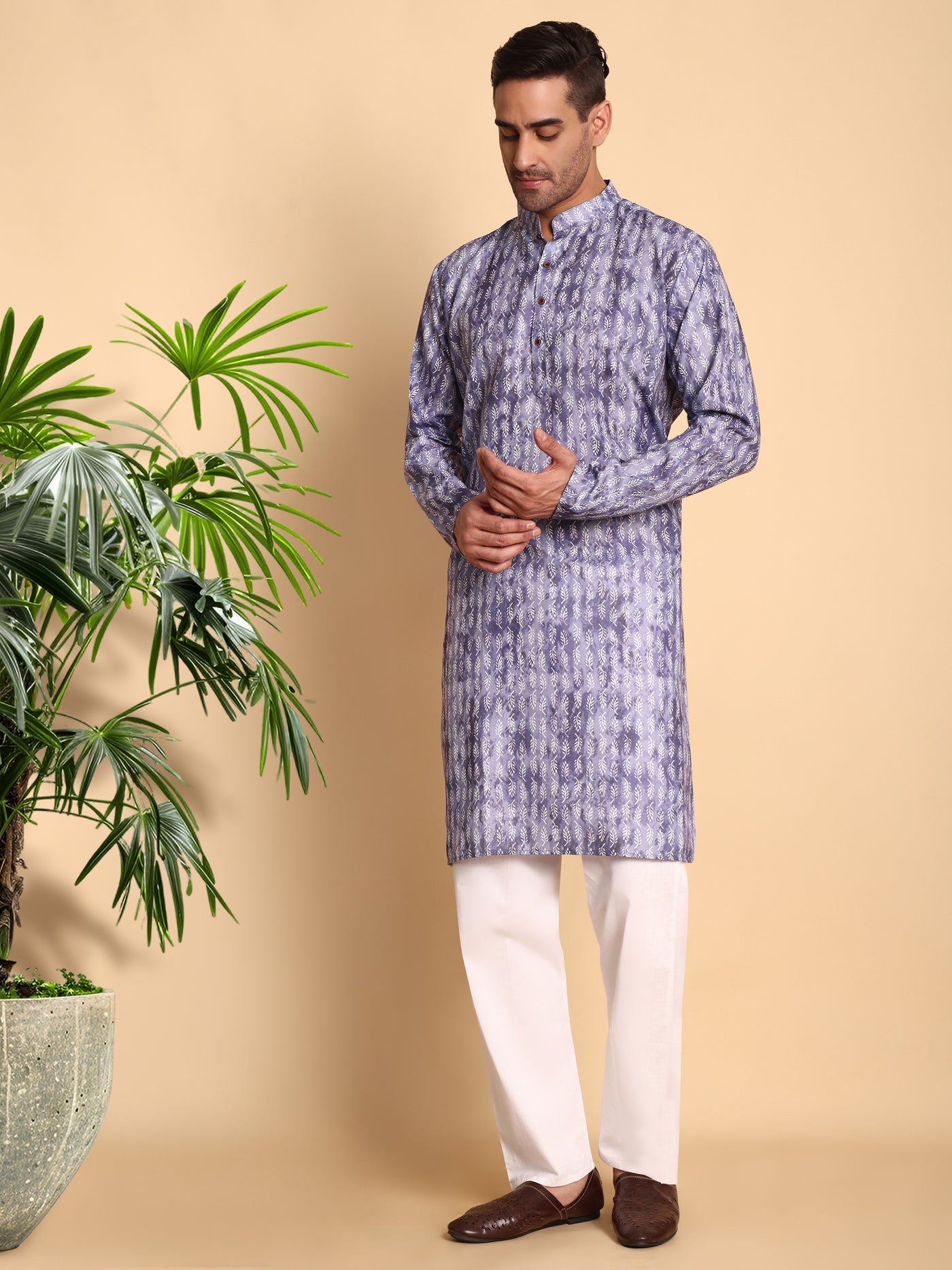 Traditional Purple Brich Leaf Motif Printed Men's Cotton Kurta