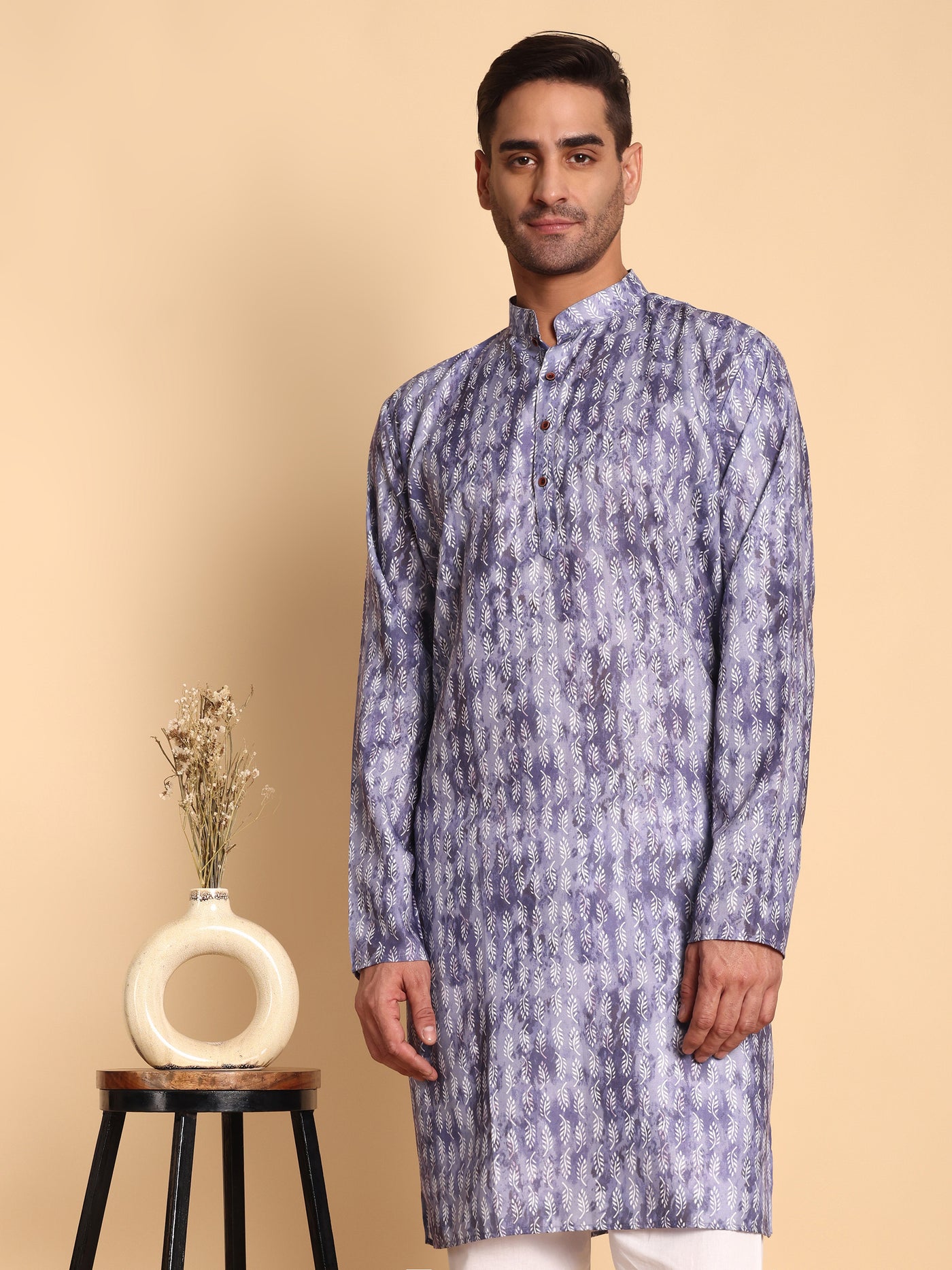 Traditional Purple Brich Leaf Motif Printed Men's Cotton Kurta