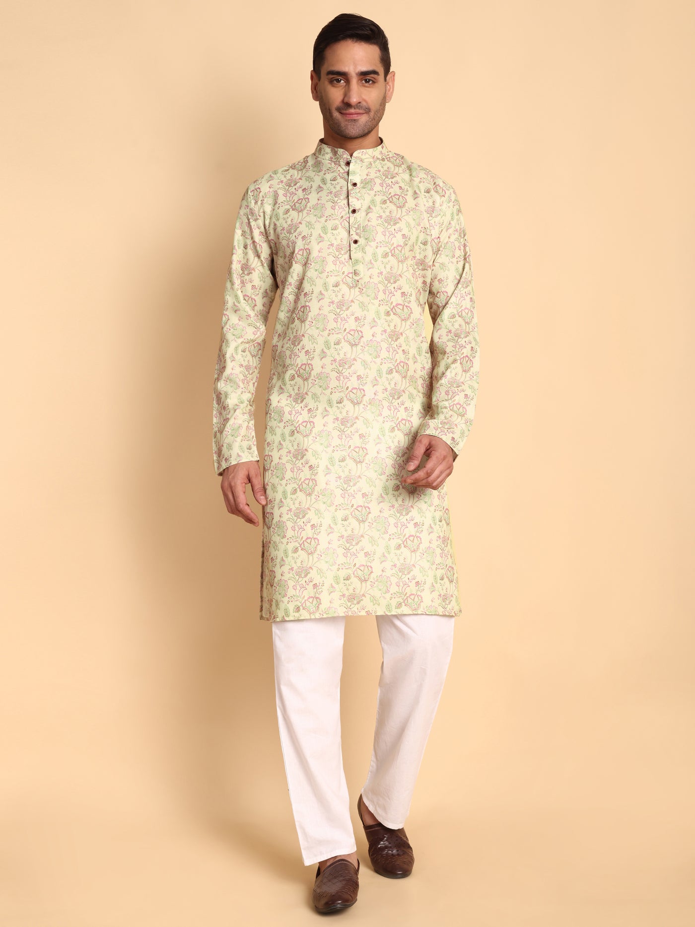 Traditional Pink Chinoiserie Printed Men's Cotton Kurta