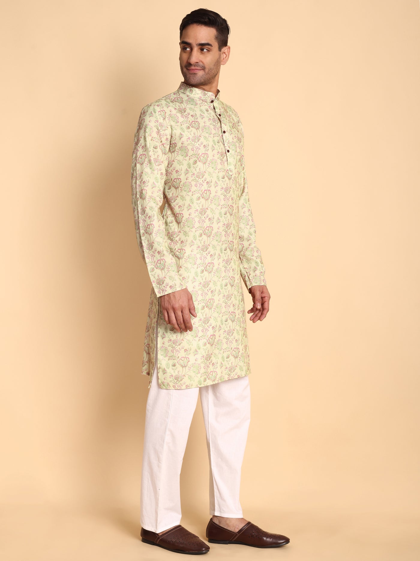 Traditional Pink Chinoiserie Printed Men's Cotton Kurta