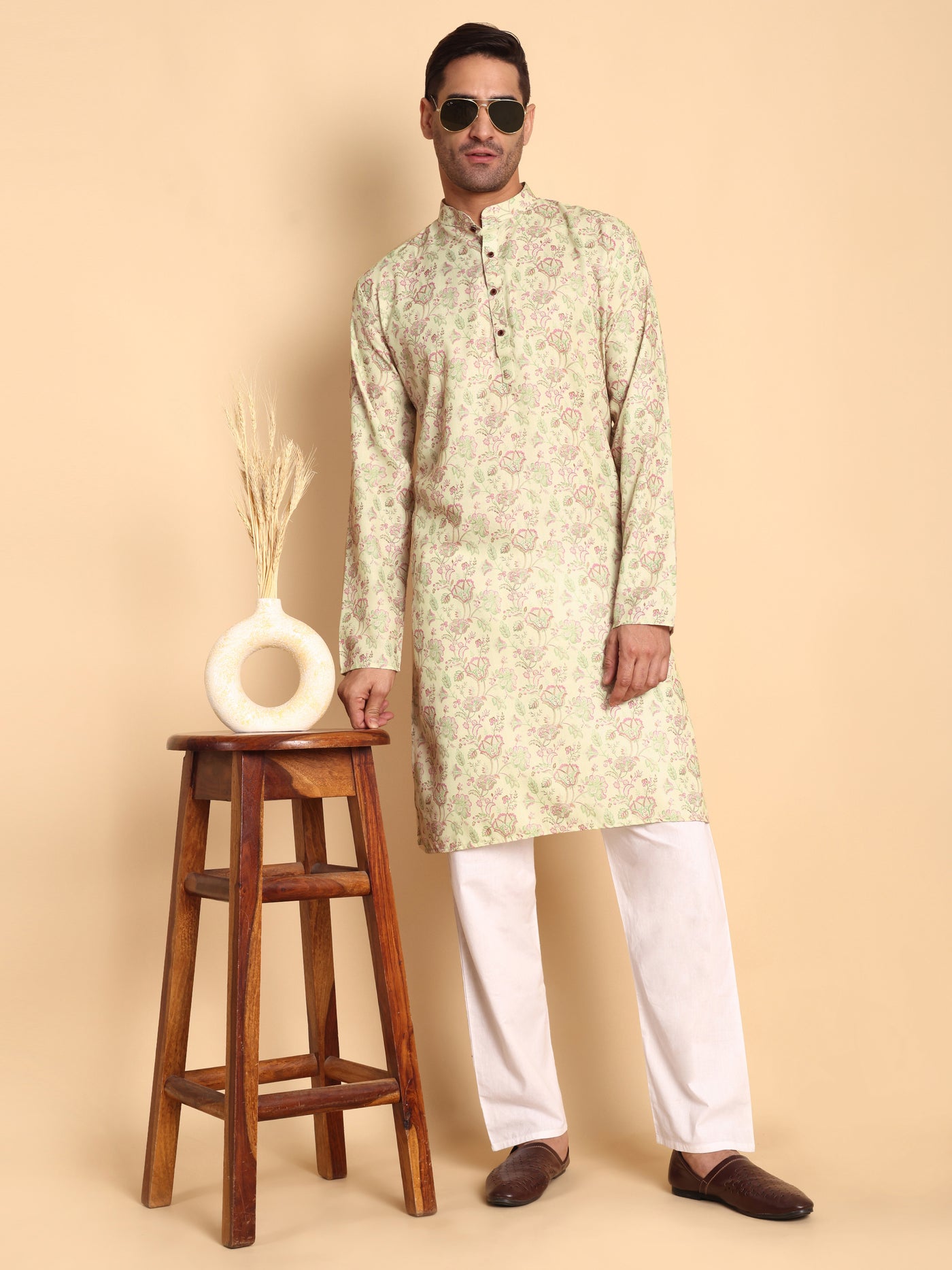 Traditional Pink Chinoiserie Printed Men's Cotton Kurta