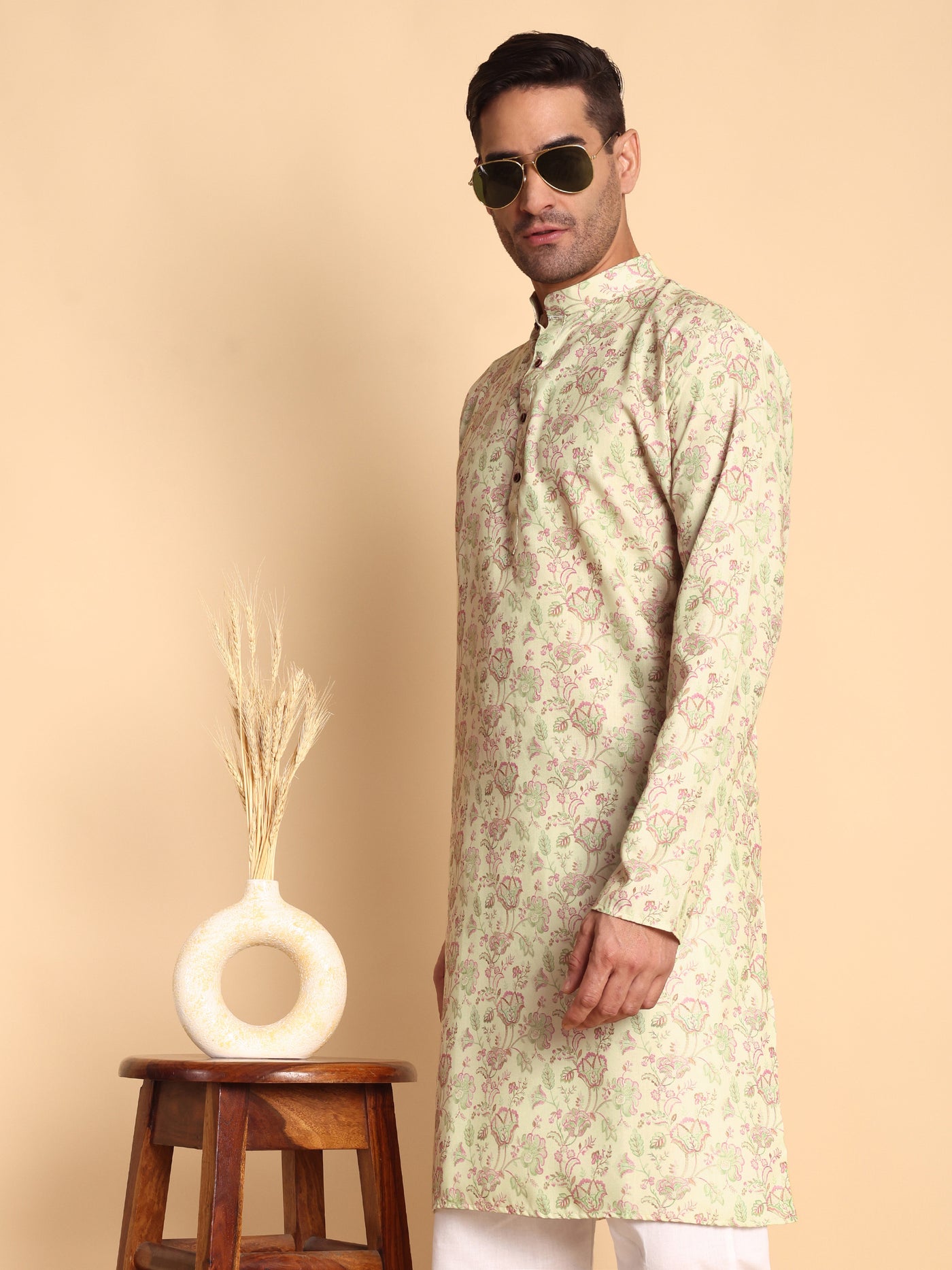 Traditional Pink Chinoiserie Printed Men's Cotton Kurta