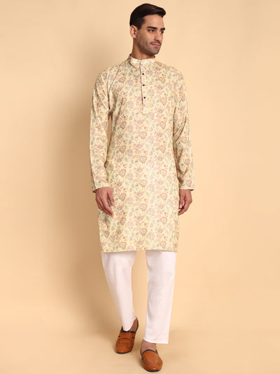 Traditional Red Chinoiserie Printed Men's Cotton Kurta