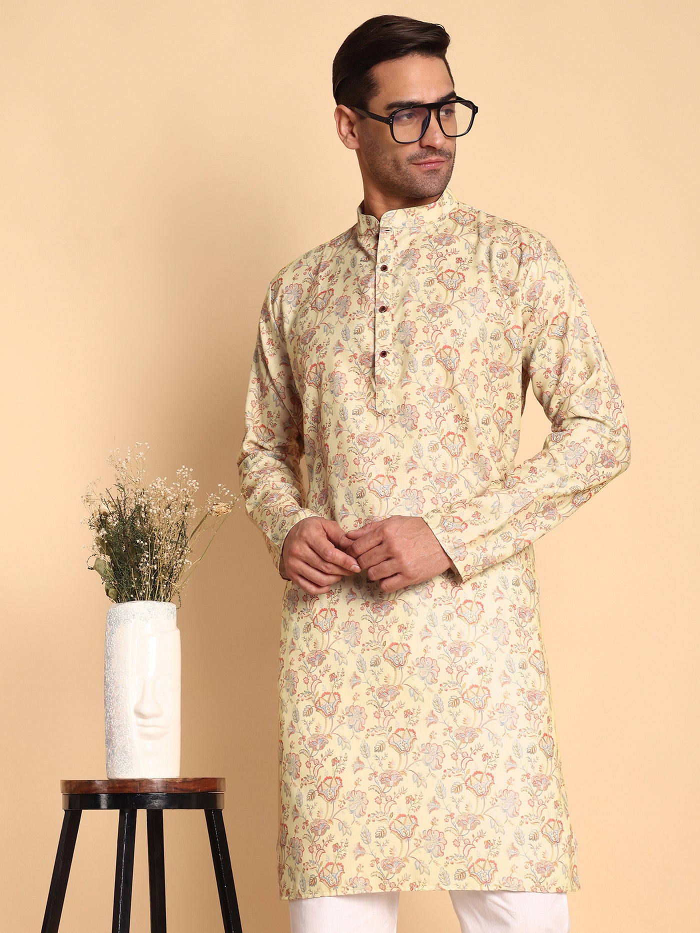 Traditional Red Chinoiserie Printed Men's Cotton Kurta