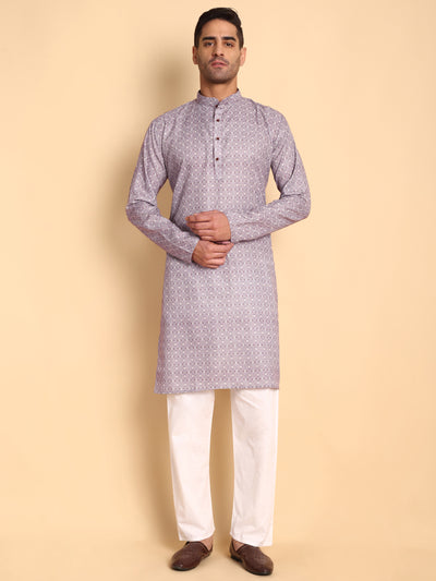 Traditional Lavender Arabesque Batik Printed Men's Cotton Kurta