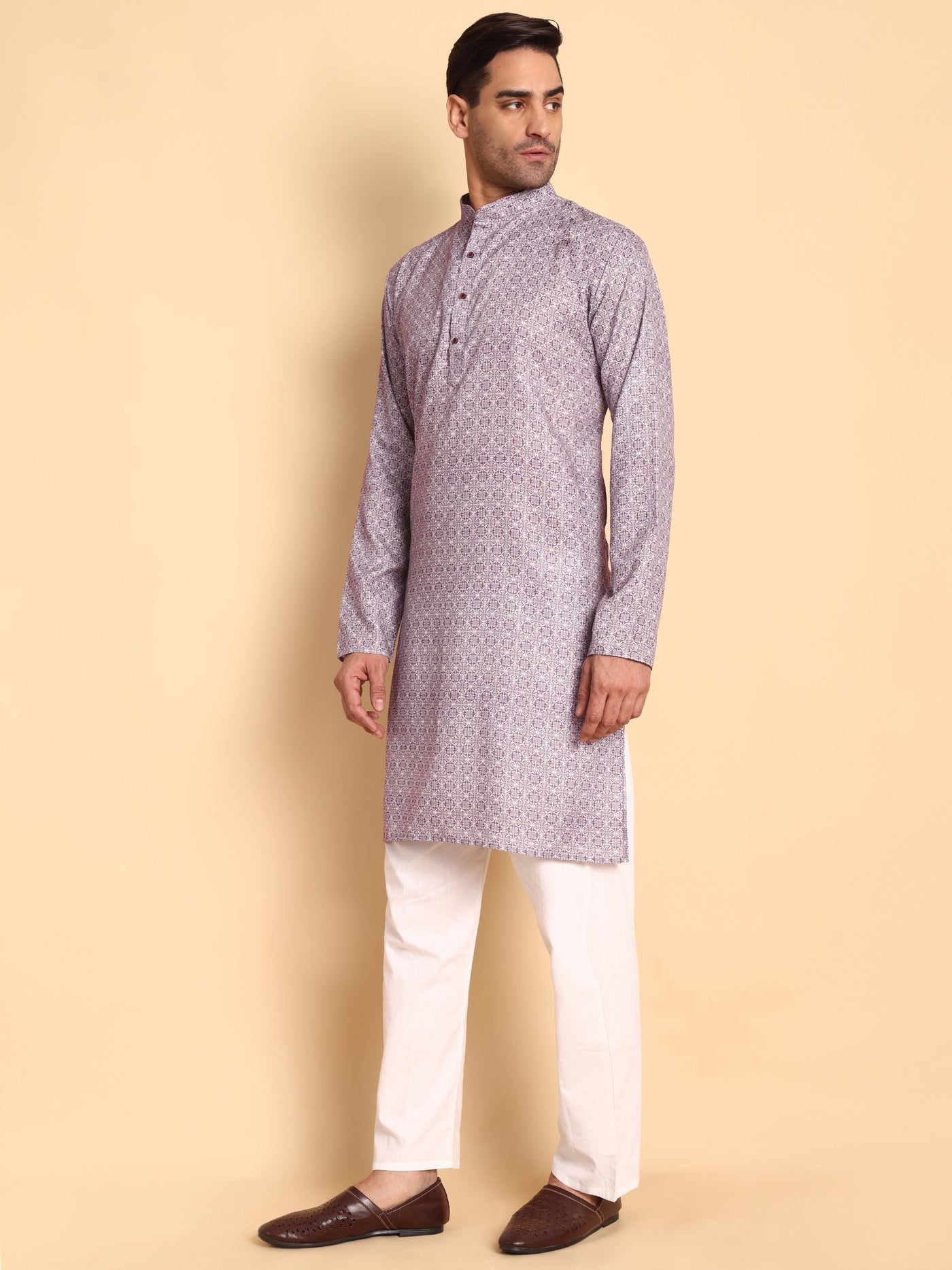 Traditional Lavender Arabesque Batik Printed Men's Cotton Kurta