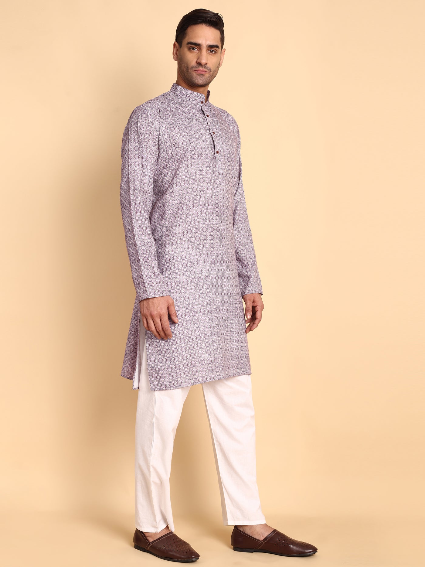 Traditional Lavender Arabesque Batik Printed Men's Cotton Kurta