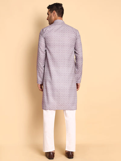 Traditional Lavender Arabesque Batik Printed Men's Cotton Kurta