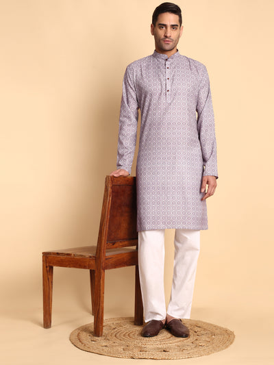 Traditional Lavender Arabesque Batik Printed Men's Cotton Kurta