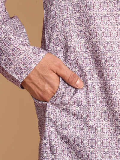 Traditional Lavender Arabesque Batik Printed Men's Cotton Kurta