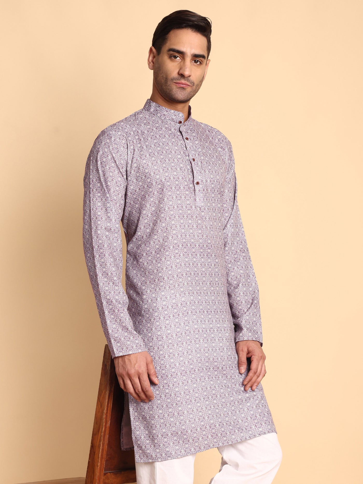 Traditional Lavender Arabesque Batik Printed Men's Cotton Kurta