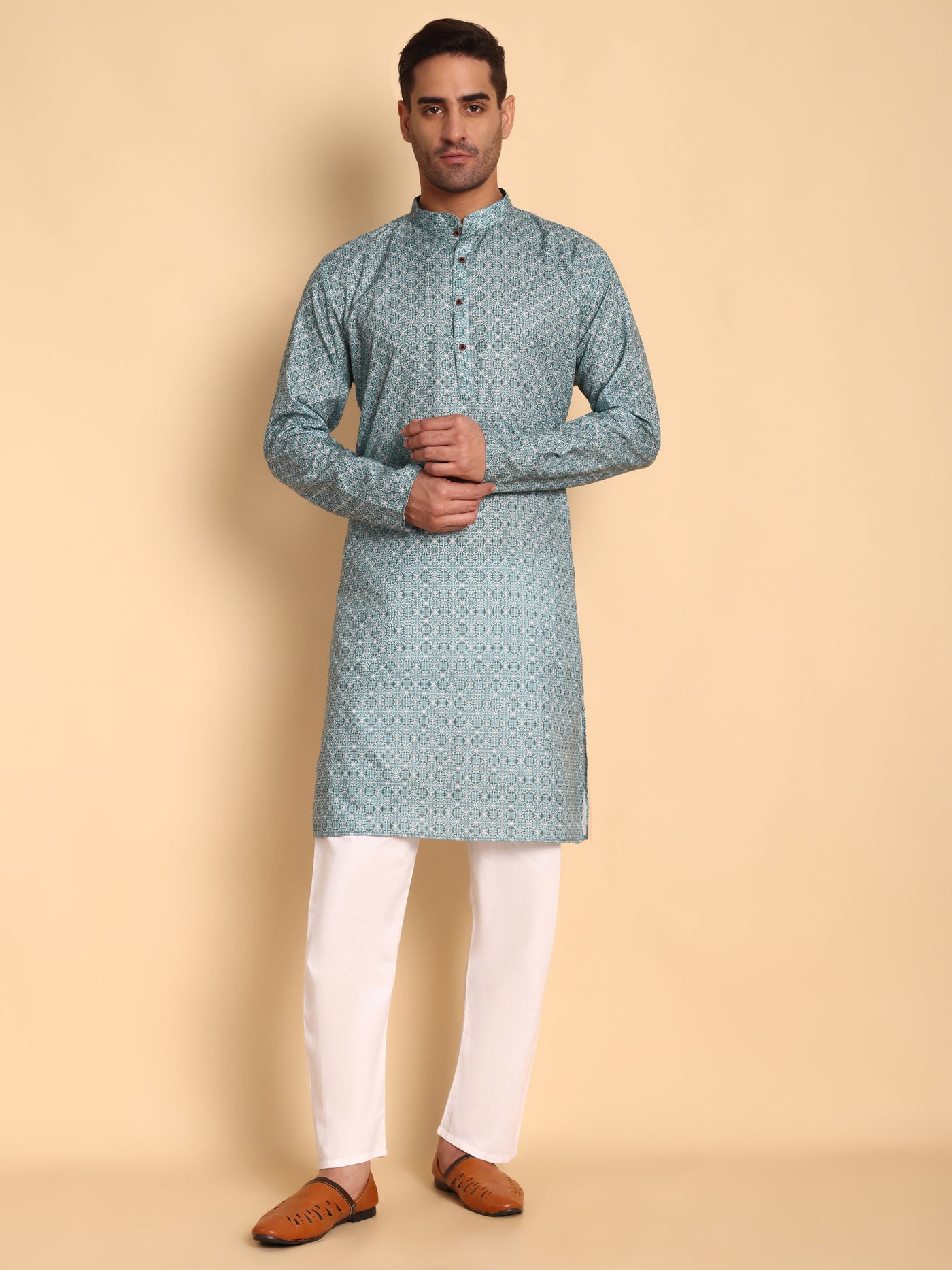 Traditional Teal Arabesque Batik Printed Men's Cotton Kurta