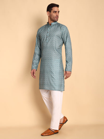 Traditional Teal Arabesque Batik Printed Men's Cotton Kurta