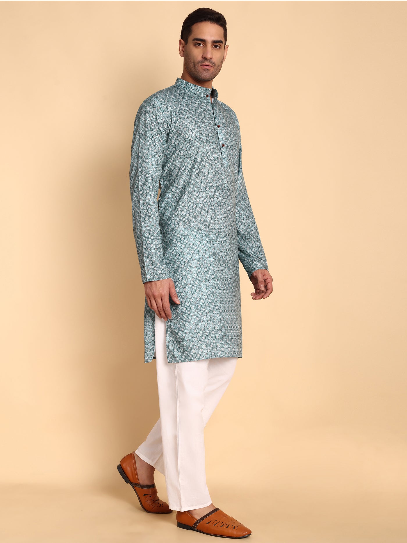 Traditional Teal Arabesque Batik Printed Men's Cotton Kurta