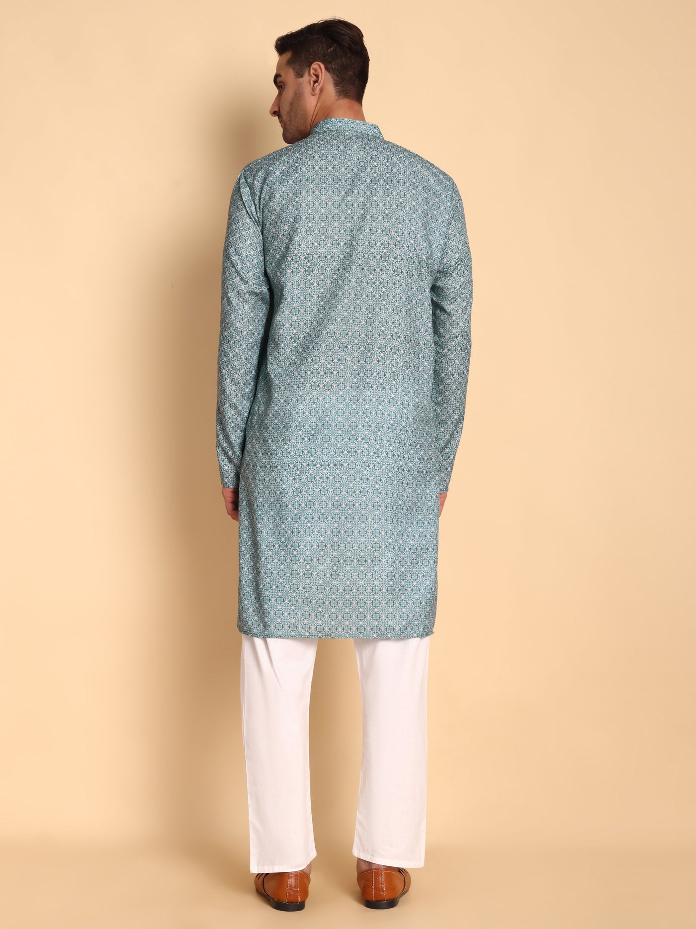 Traditional Teal Arabesque Batik Printed Men's Cotton Kurta