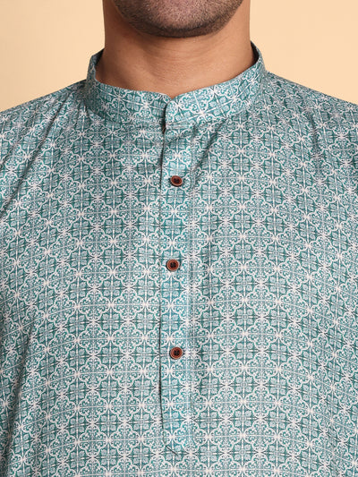 Traditional Teal Arabesque Batik Printed Men's Cotton Kurta