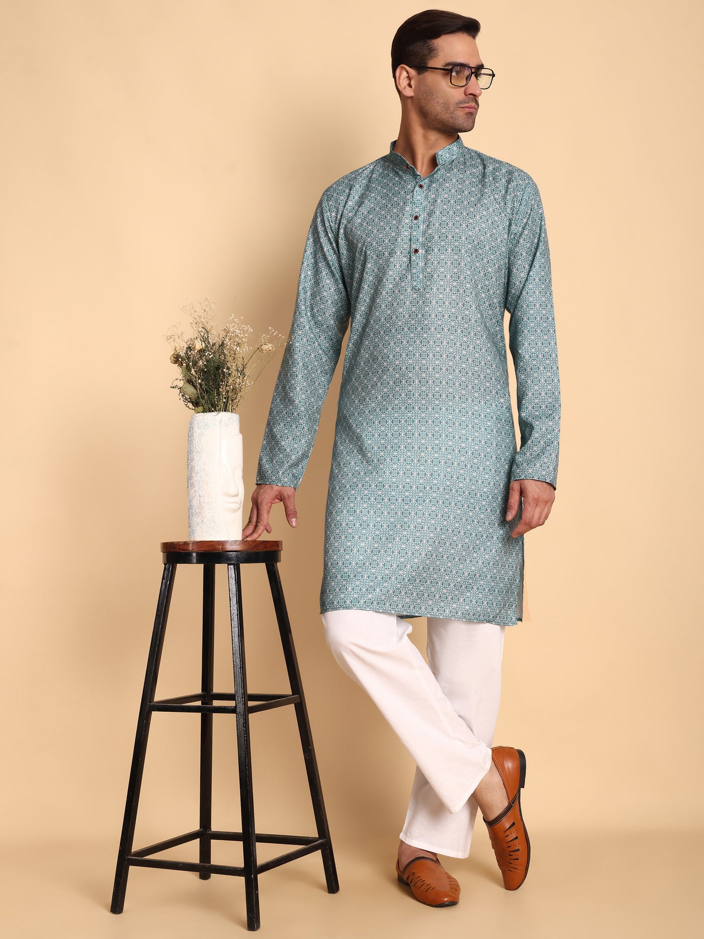 Traditional Teal Arabesque Batik Printed Men's Cotton Kurta