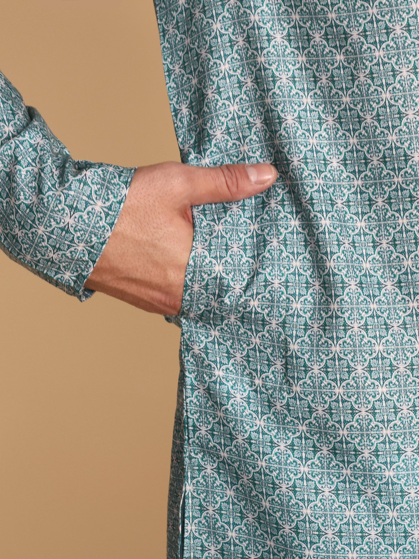 Traditional Teal Arabesque Batik Printed Men's Cotton Kurta