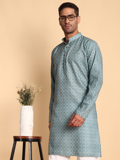 Traditional Teal Arabesque Batik Printed Men's Cotton Kurta