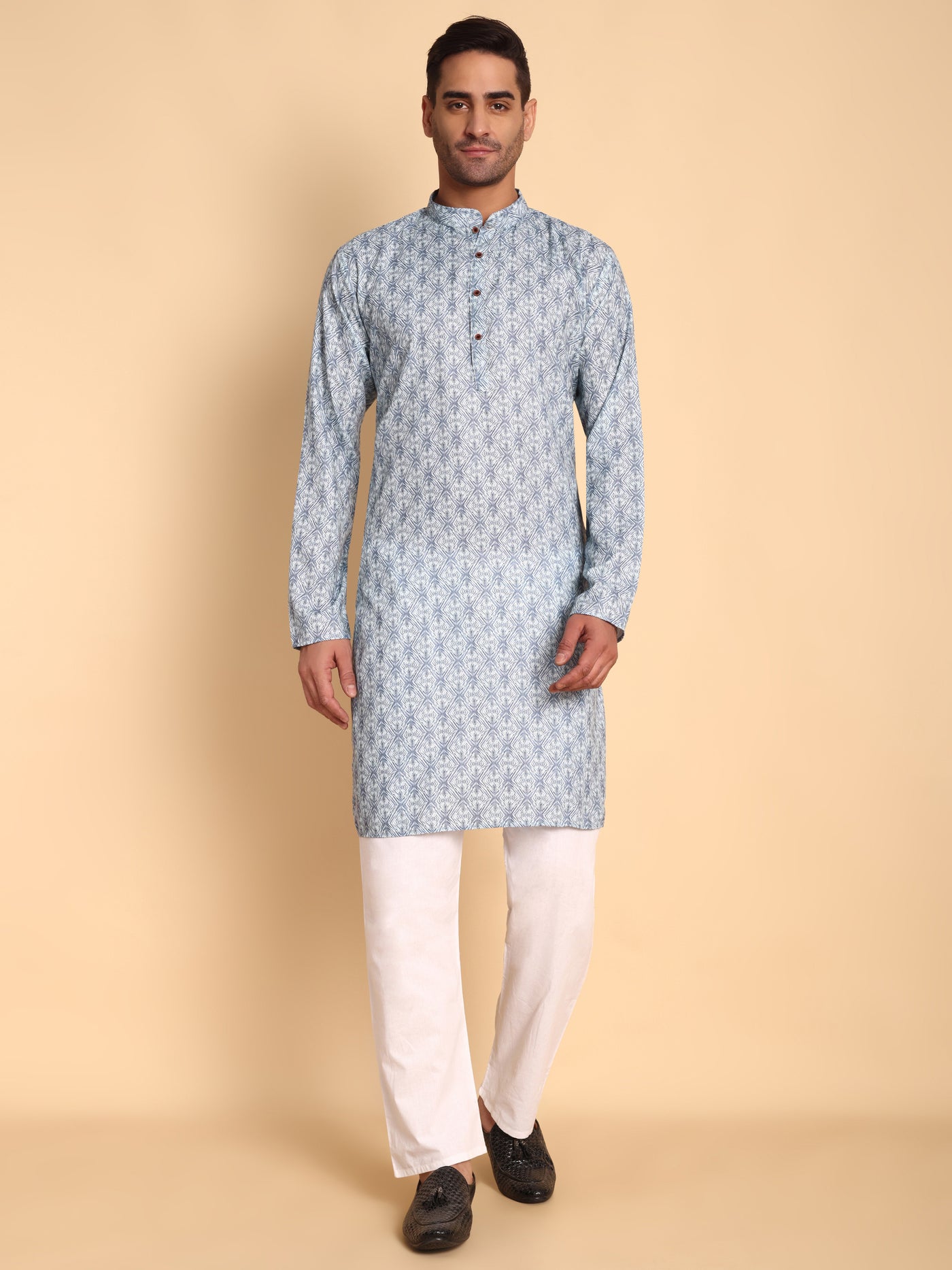 Traditional Blue Lanes Net Ikat Printed Men's Cotton Kurta