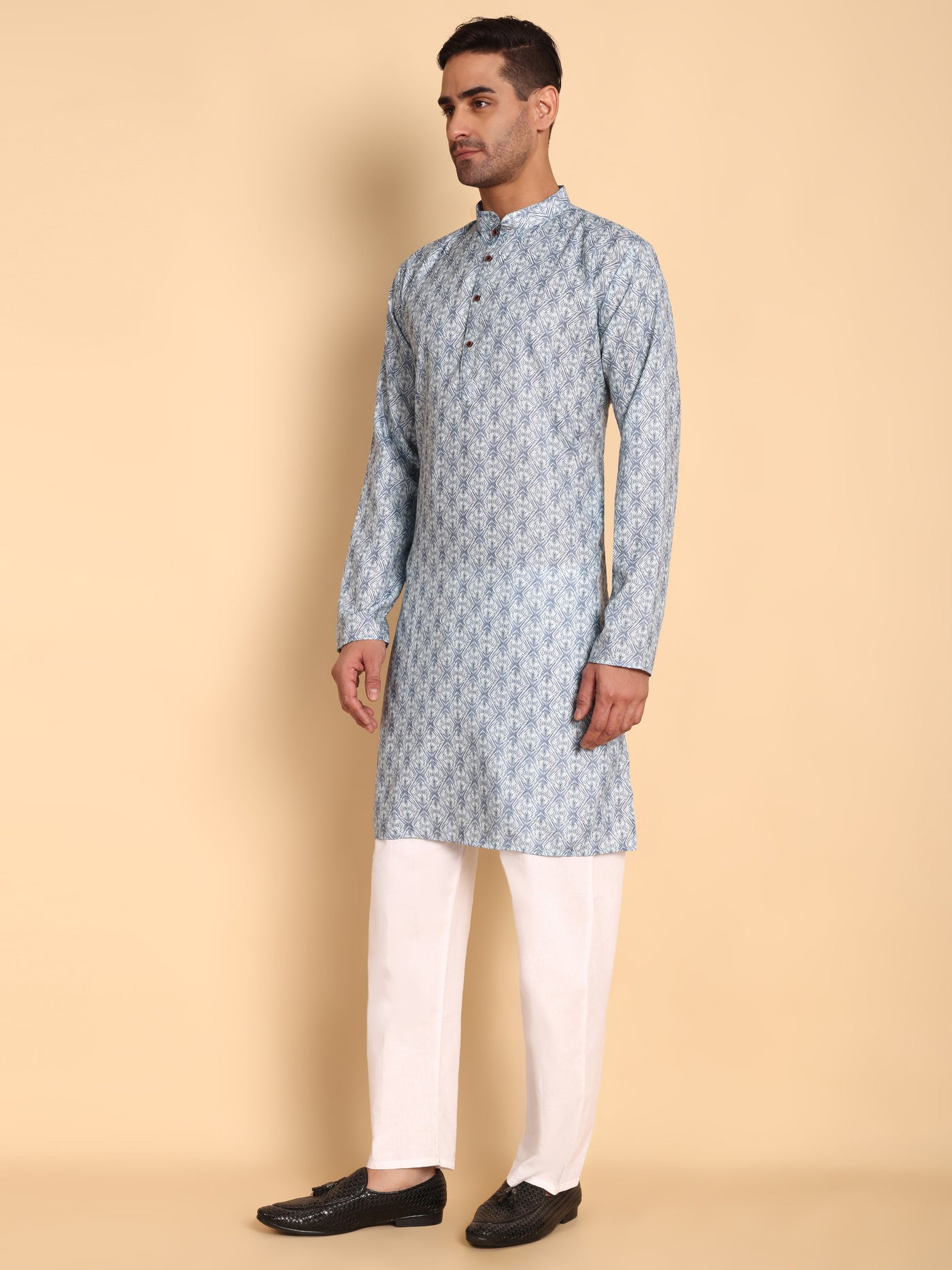 Traditional Blue Lanes Net Ikat Printed Men's Cotton Kurta