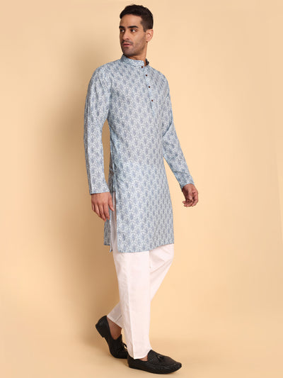 Traditional Blue Lanes Net Ikat Printed Men's Cotton Kurta