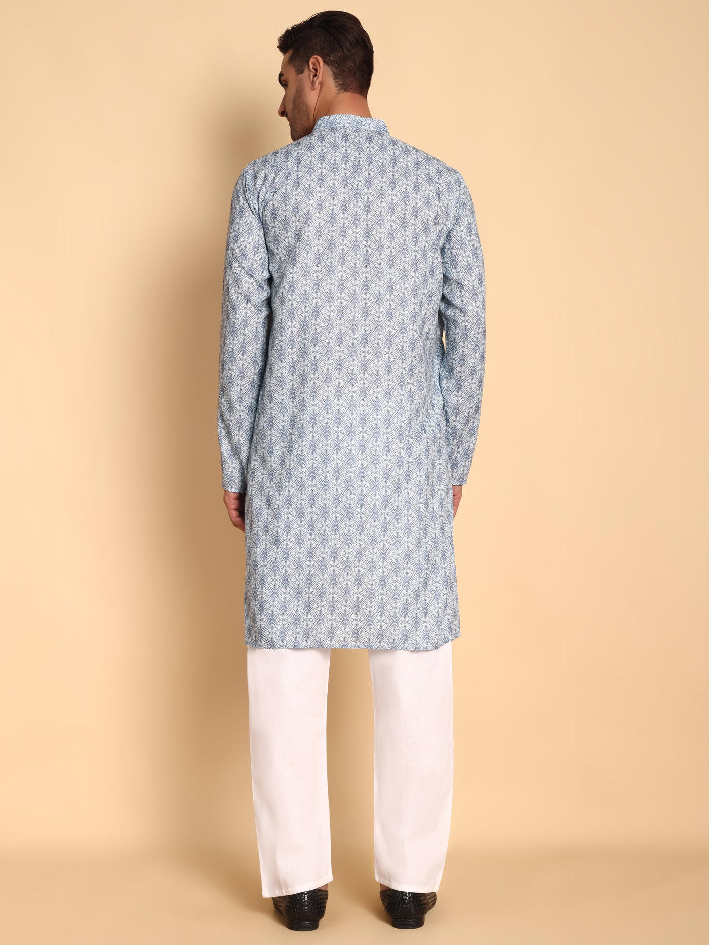 Traditional Blue Lanes Net Ikat Printed Men's Cotton Kurta