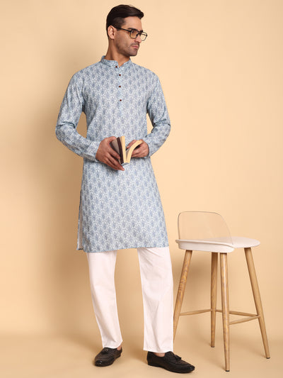 Traditional Blue Lanes Net Ikat Printed Men's Cotton Kurta