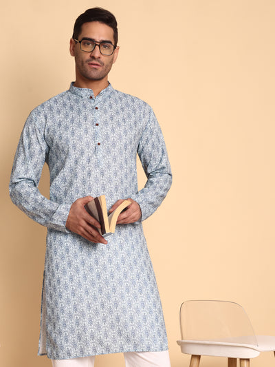 Traditional Blue Lanes Net Ikat Printed Men's Cotton Kurta