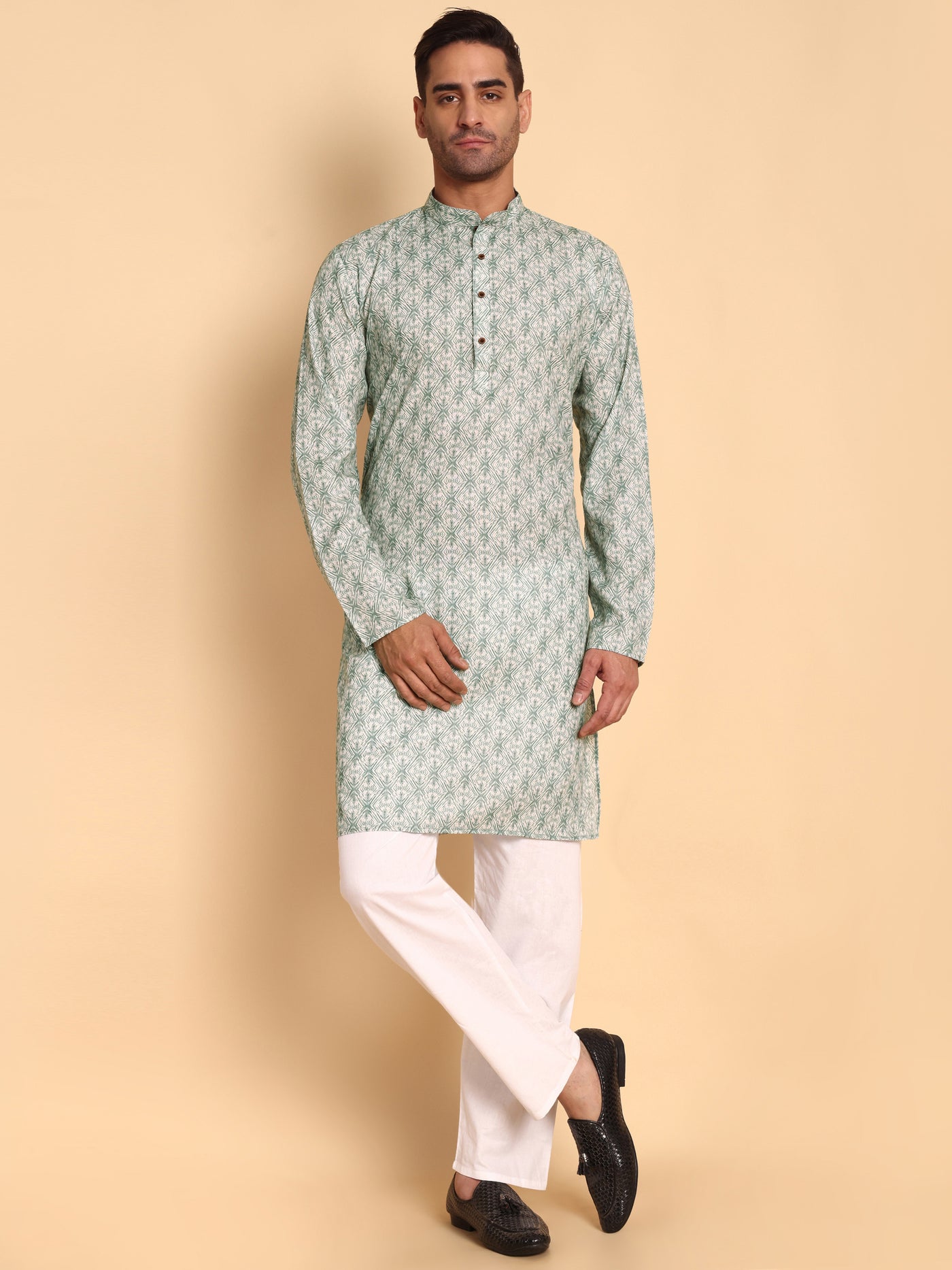 Traditional Green Lanes Net Ikat Printed Men's Cotton Kurta