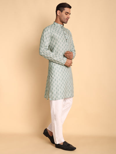 Traditional Green Lanes Net Ikat Printed Men's Cotton Kurta