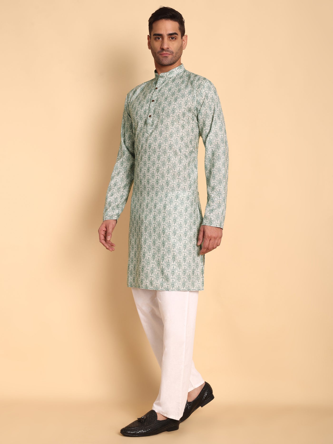 Traditional Green Lanes Net Ikat Printed Men's Cotton Kurta