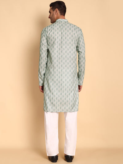 Traditional Green Lanes Net Ikat Printed Men's Cotton Kurta