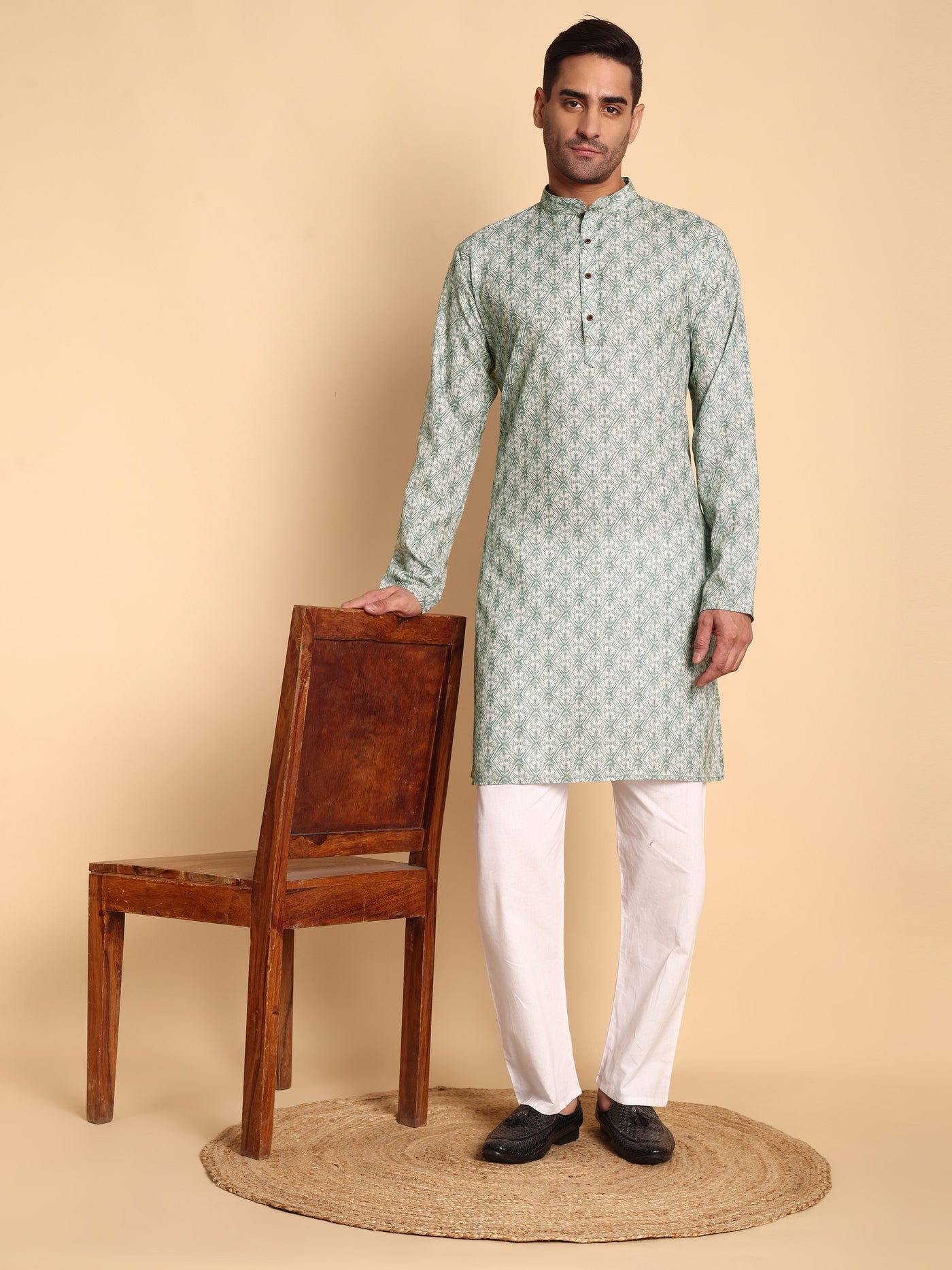 Traditional Green Lanes Net Ikat Printed Men's Cotton Kurta