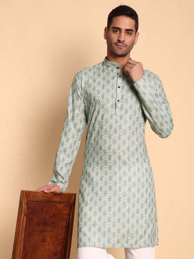 Traditional Green Lanes Net Ikat Printed Men's Cotton Kurta