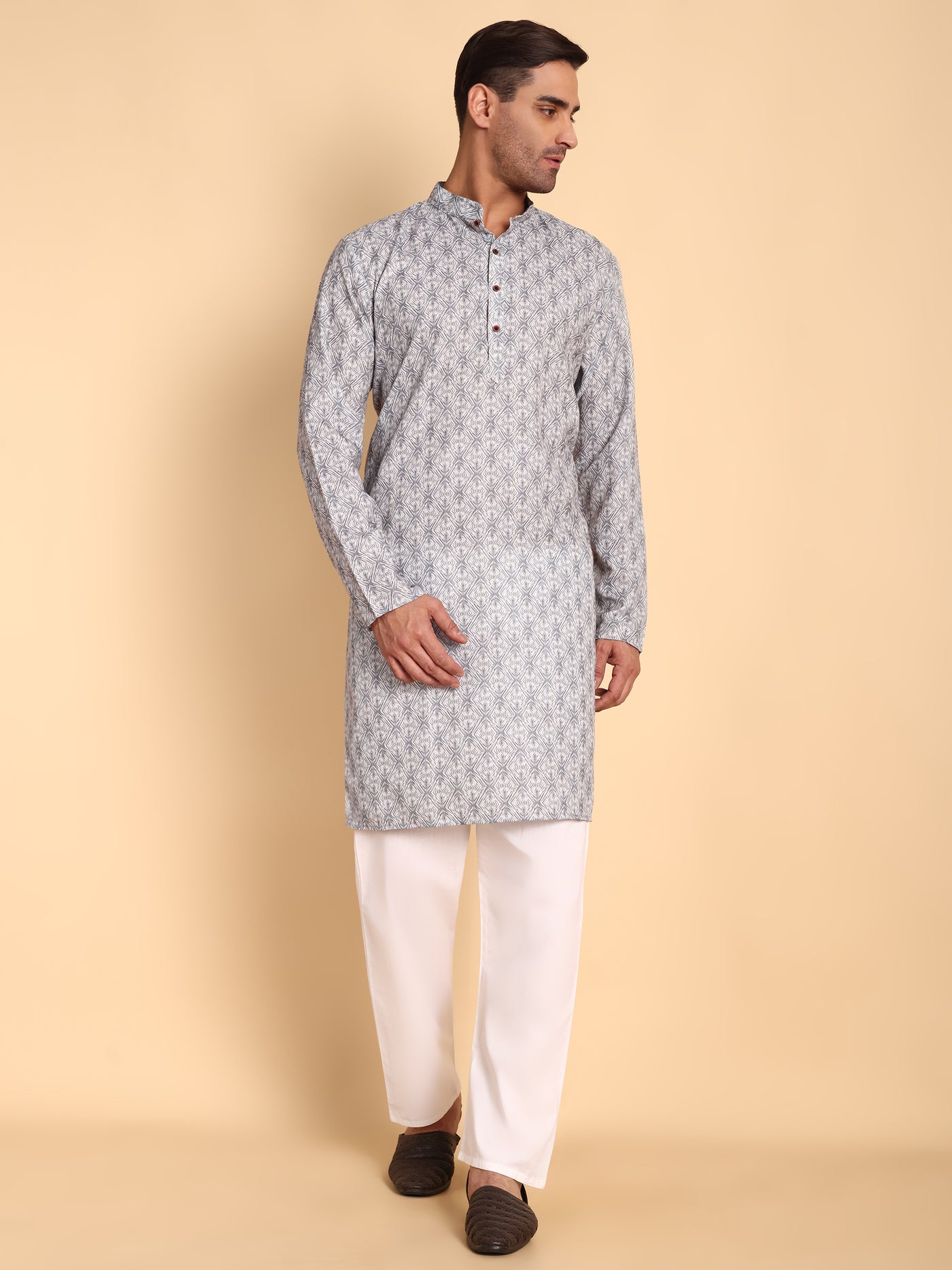 Traditional Grey Lanes Net Ikat Printed Men's Cotton Kurta