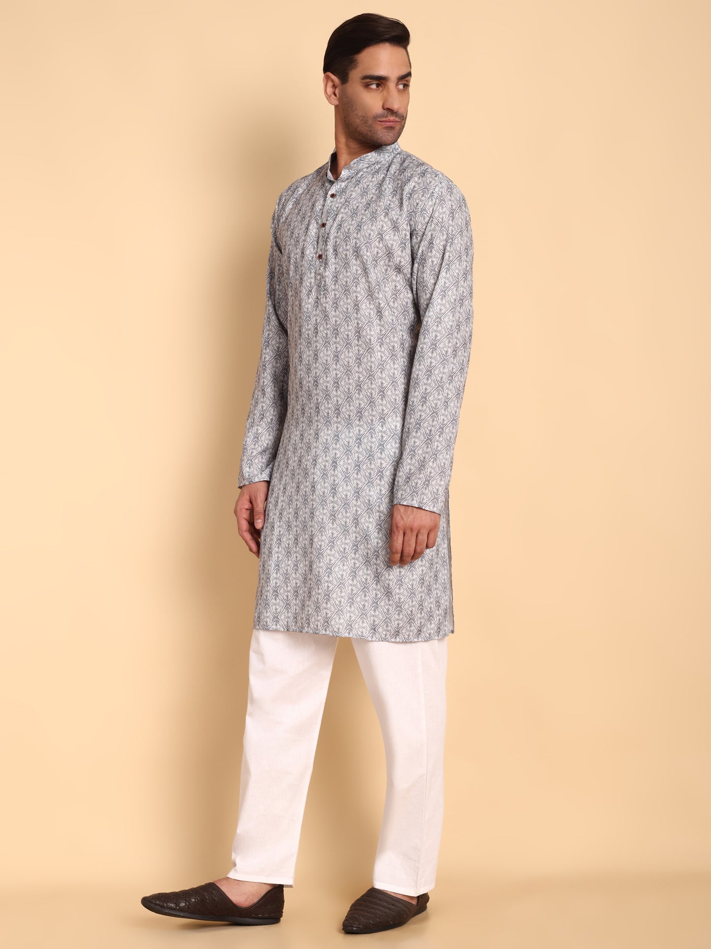 Traditional Grey Lanes Net Ikat Printed Men's Cotton Kurta