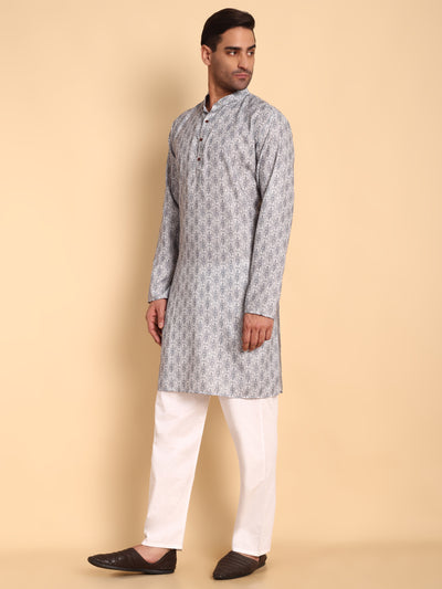 Traditional Grey Lanes Net Ikat Printed Men's Cotton Kurta