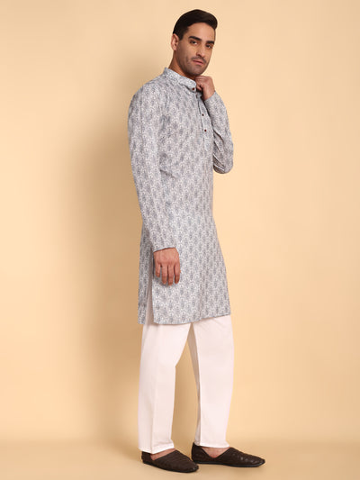 Traditional Grey Lanes Net Ikat Printed Men's Cotton Kurta