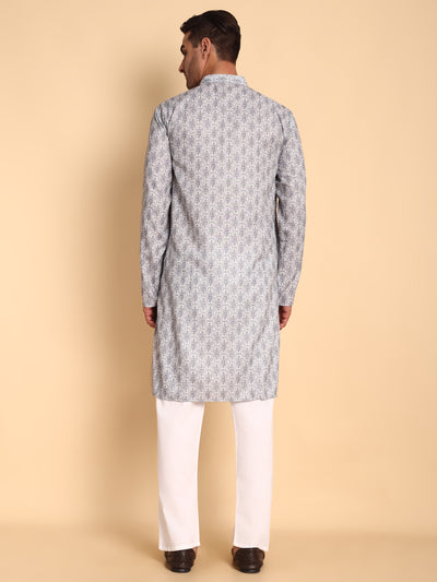 Traditional Grey Lanes Net Ikat Printed Men's Cotton Kurta