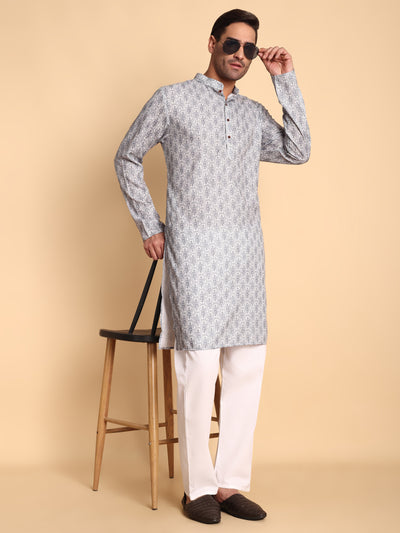 Traditional Grey Lanes Net Ikat Printed Men's Cotton Kurta