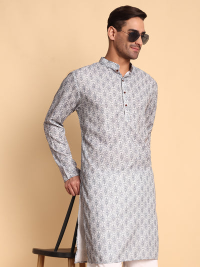 Traditional Grey Lanes Net Ikat Printed Men's Cotton Kurta