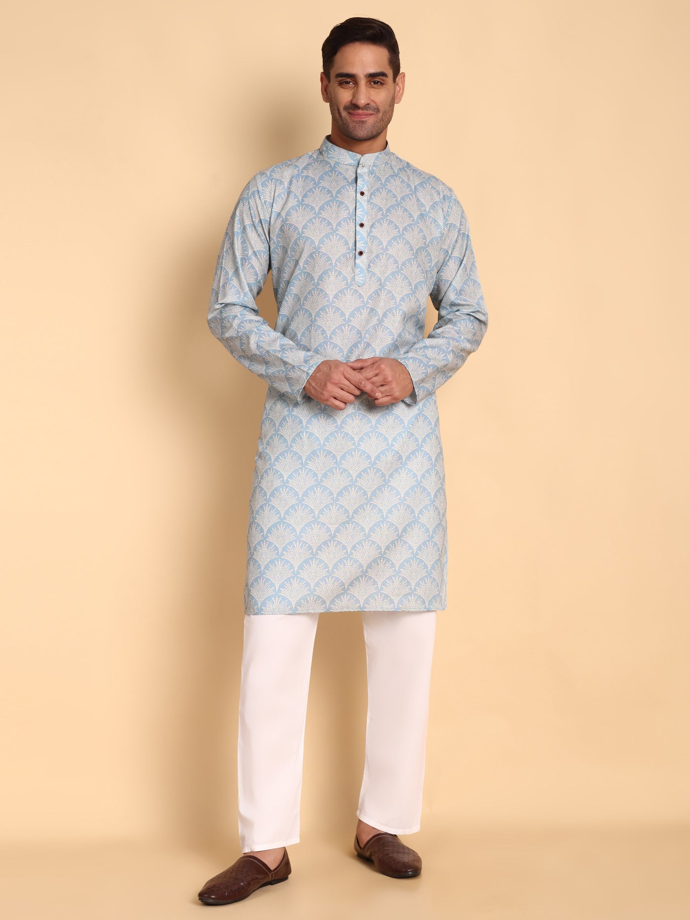 Traditional Blue Palmette Printed Men's Cotton Kurta