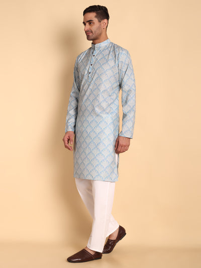 Traditional Blue Palmette Printed Men's Cotton Kurta