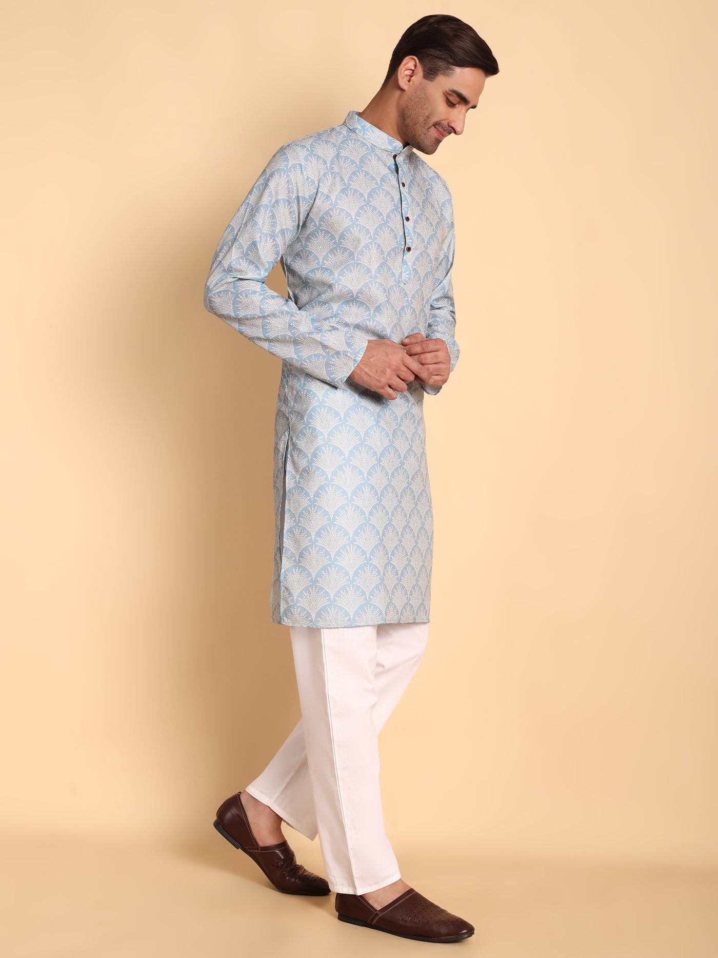 Traditional Blue Palmette Printed Men's Cotton Kurta